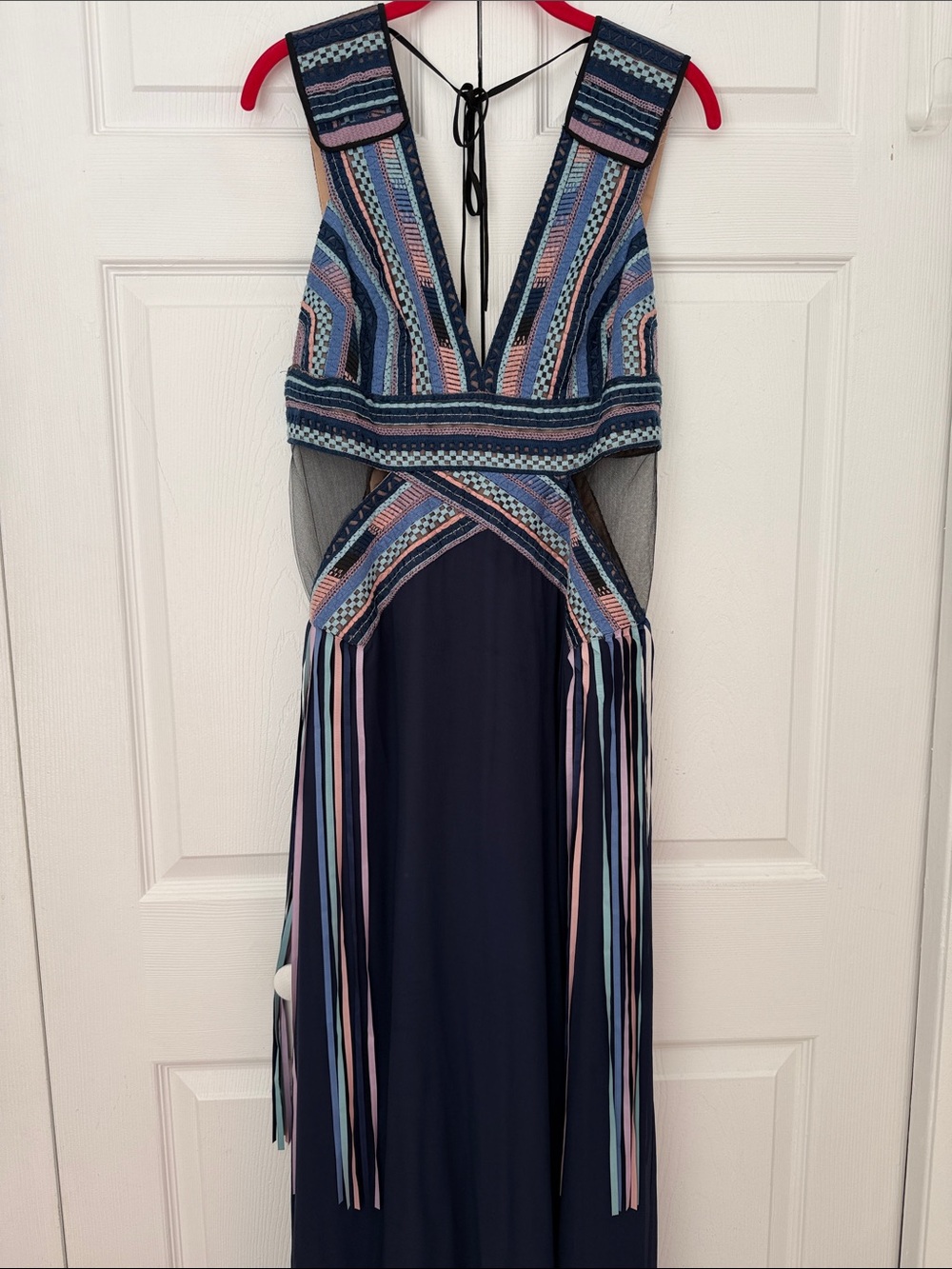 BCBGMaxAzria Elva Navy Blue Embroidered Cutout Maxi Dress Runway Size 10 - Picture 12 of 17